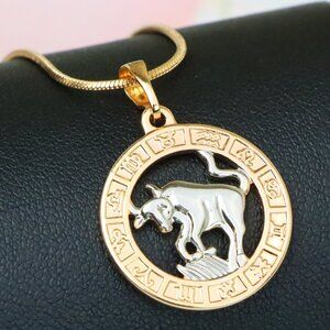 "Rose Gold Taurus Zodiac Pendant with Bull Motif and Symbol Ring, XPPT1446